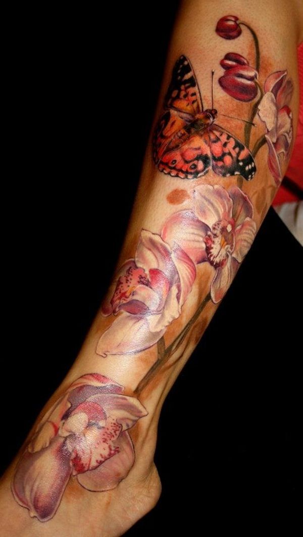Butterfly And Orchid Tattoos On Leg