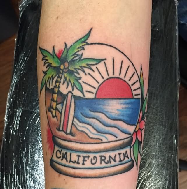 California - Beach Scenery Tattoo Design For Forearm