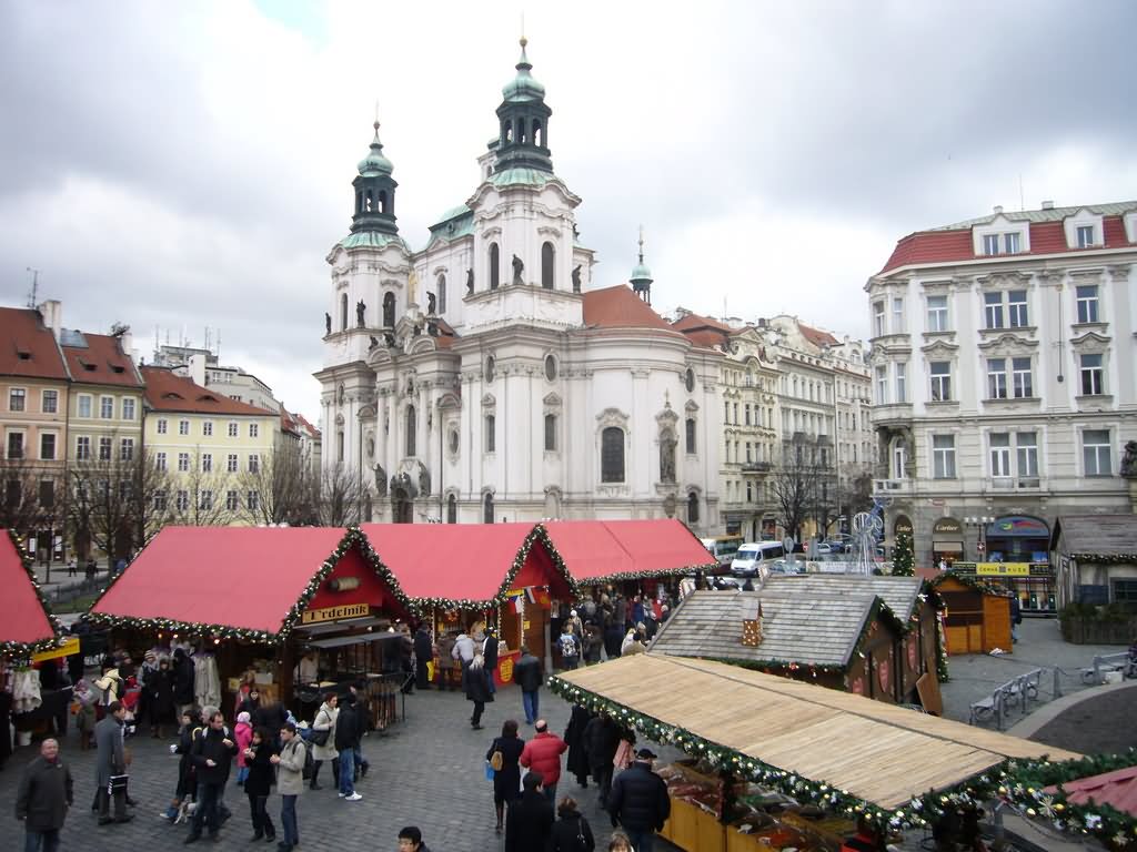 Christmas Shops At Old Town Square With St. Nicholas Church