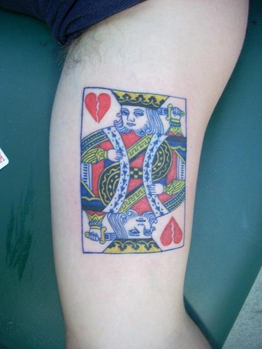 Classic Colorful King Card Tattoo Design For Bicep