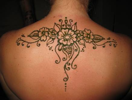 Classic Henna Flowers Tattoo On Upper Back