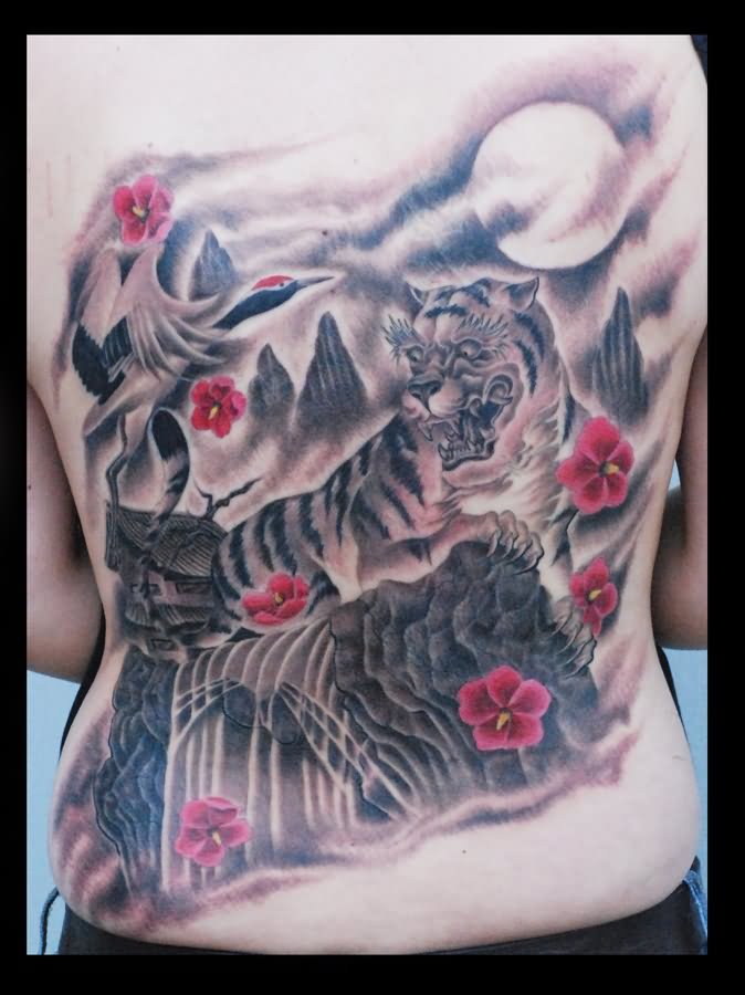 Classic Tiger Scenery Tattoo On Full Back