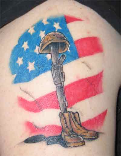 Classic USA Flag With Memorial Military Boots Rifle Helmet Tattoo Design