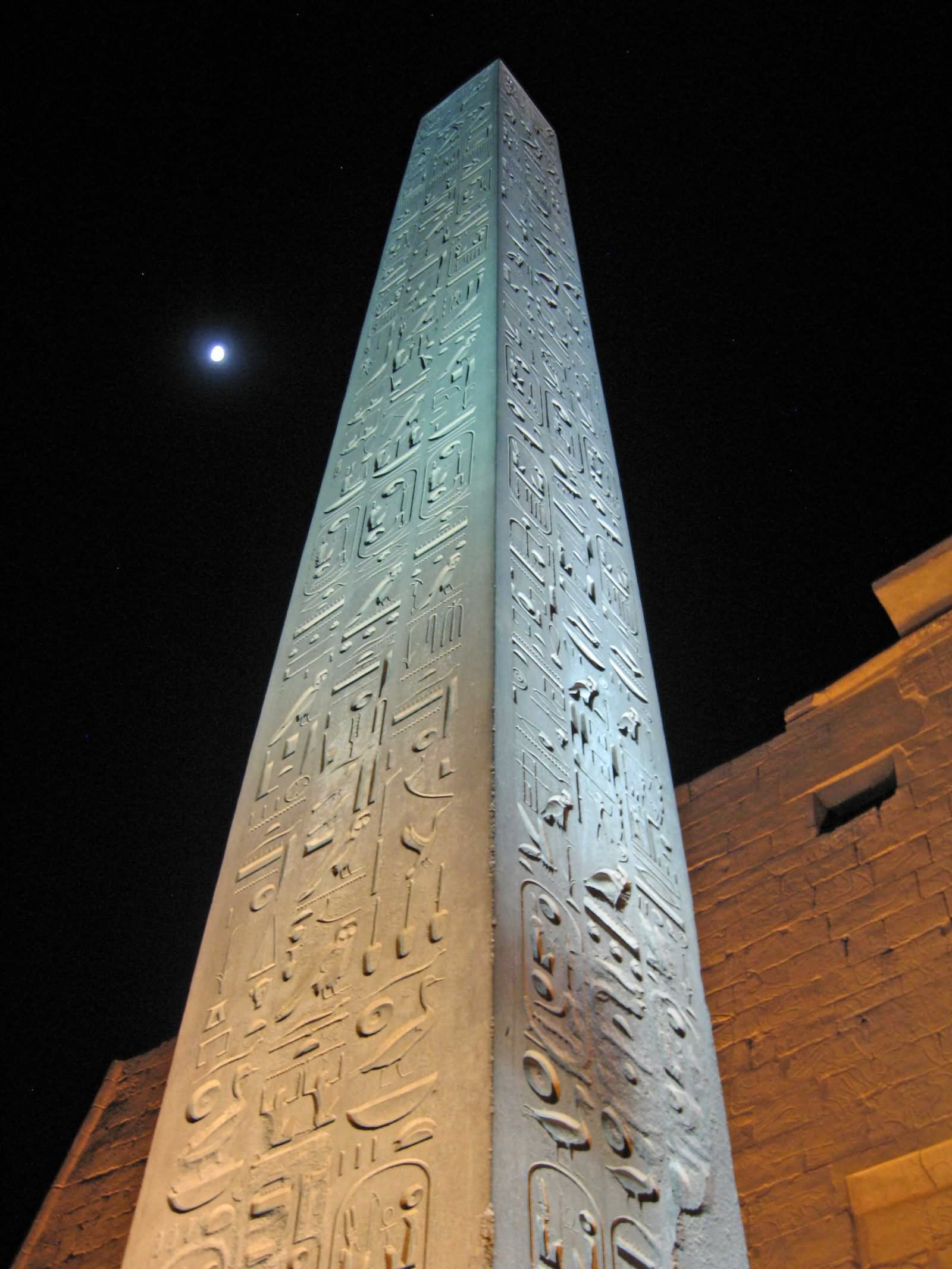 Closeup Of Obelisk  With Moon At Luxor Temple