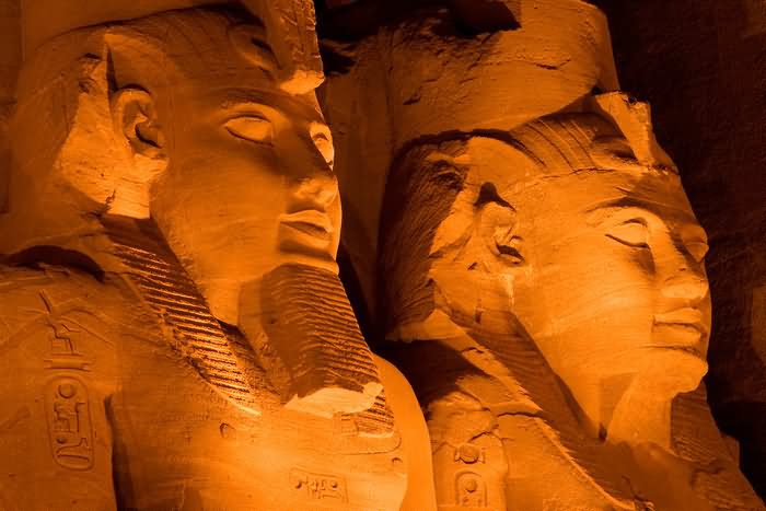Closeup Of Rameses II Statues At Abu Simbel Lit Up At Night