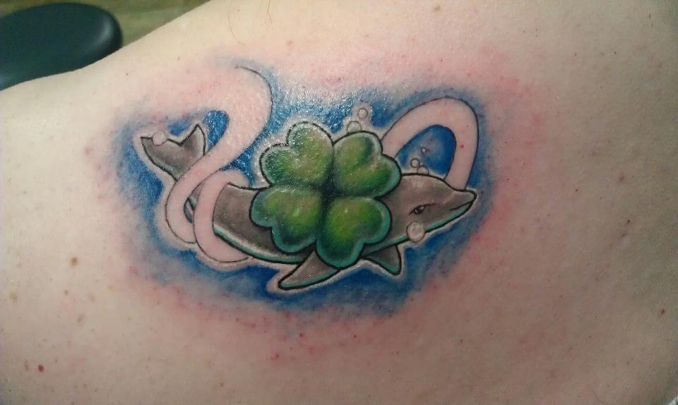 Clover Four Leaf Dolphin Tattoo On Left Back Shoulder