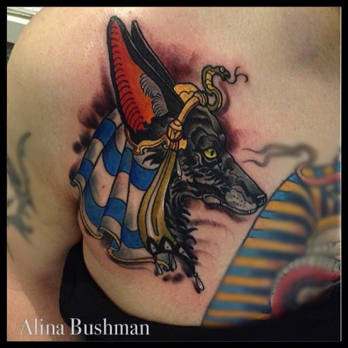 Color Anubis Head Tattoo On Right Front Shoulder