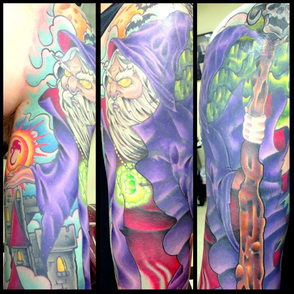 Color Bicep Wizard Tattoo On Sleeve
