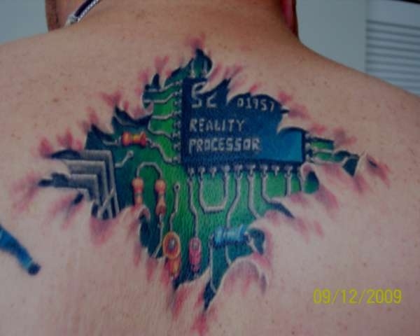 Color Chip Geek Tattoo On Upper Back