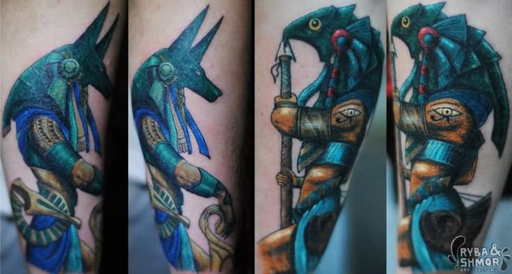 Color Horus Eye And Anubis Tattoo On Leg