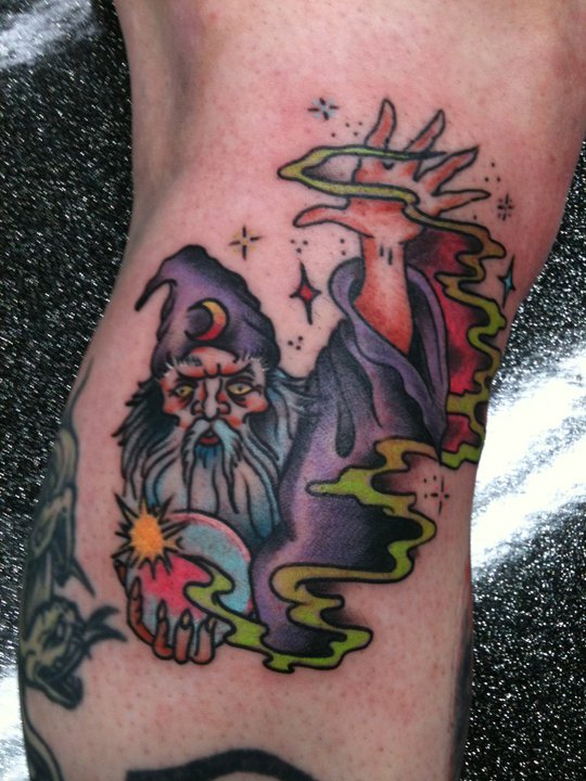 Color Wizard Tattoo On Side Leg