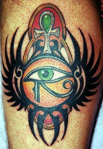 Colored Ankh And Anubis Eye Tattoo On Leg