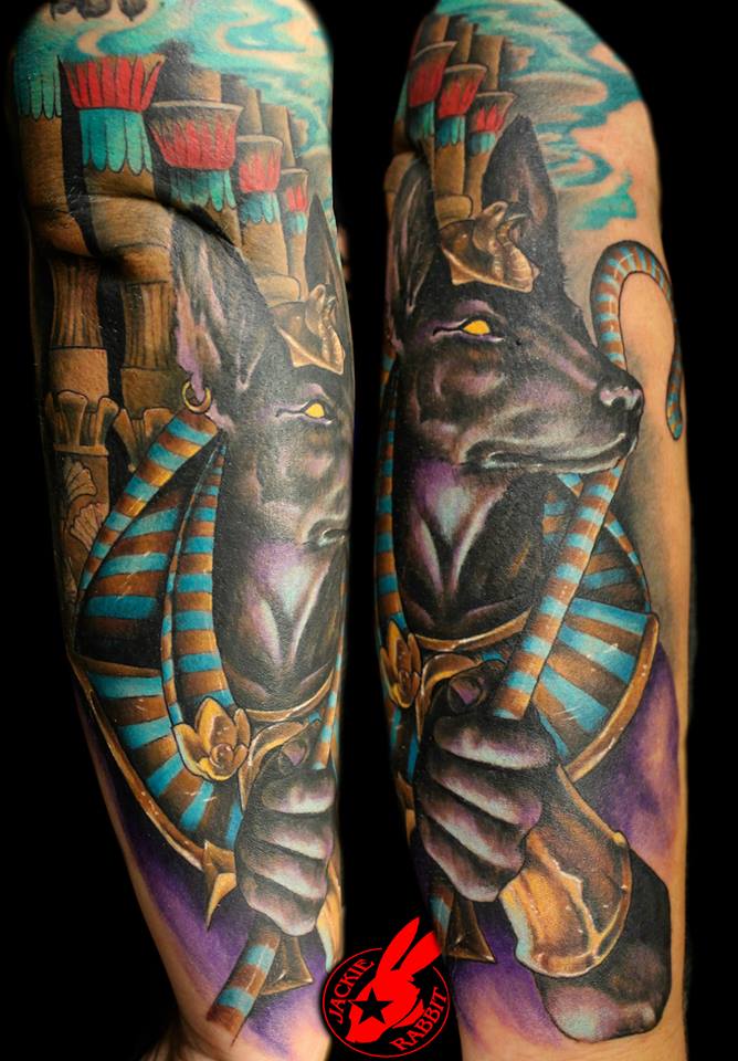 Colored Anubis Tattoo On Arm Sleeve