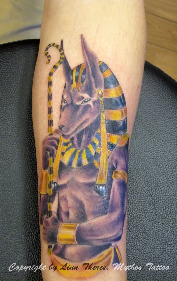 Colored Anubis Tattoo On Arm
