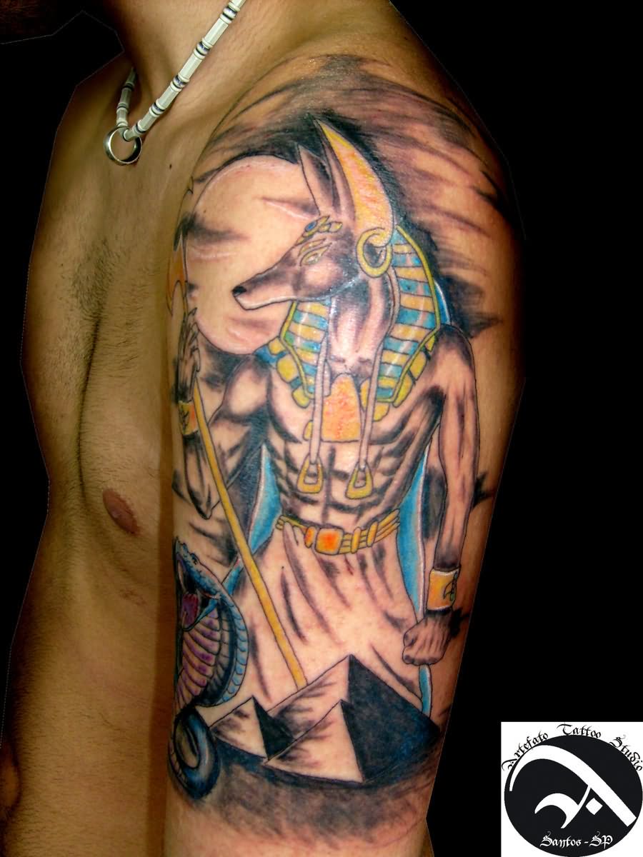 Colored Anubis Tattoo On Left Half Sleeve