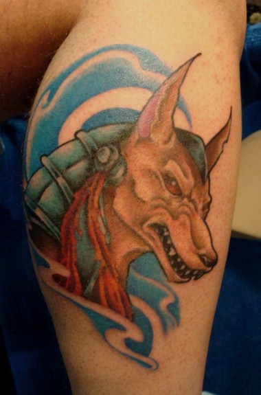Colored Anubis Tattoo On Side Leg