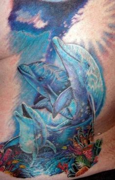 Colored Dolphin Tattoos On Back Body