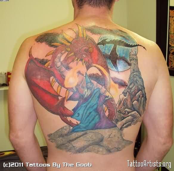 Colored Dragon And Wizard Tattoo On Upper Back