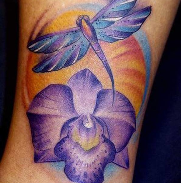 Colored Dragonfly And Purple Orchid Tattoo