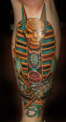 Colored Egyptian Anubis Tattoo On Leg