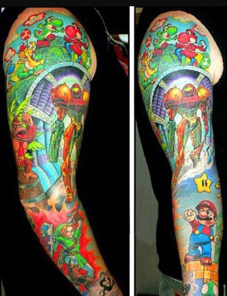 Colored Geek Tattoo On Arm Sleeve