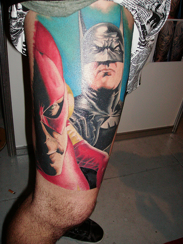 Colored Geek Tattoo On Right Thigh