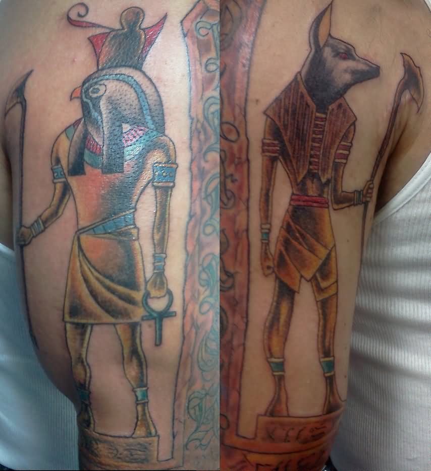 Colored Horus And Anubis Tattoos On Sleeve