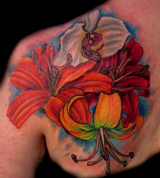 Colored Lily Flowers And Orchid Tattoo On Left Back Shoulder