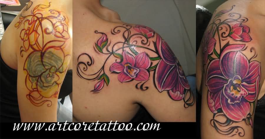 Colored Orchid Flowers Tattoos On Shoulder For Girls