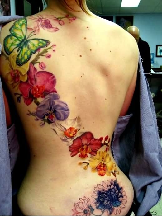 Colored Orchid Tattoo On Girl Full Back