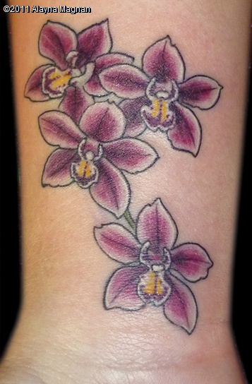 Colored Orchid Tattoo On Wrist