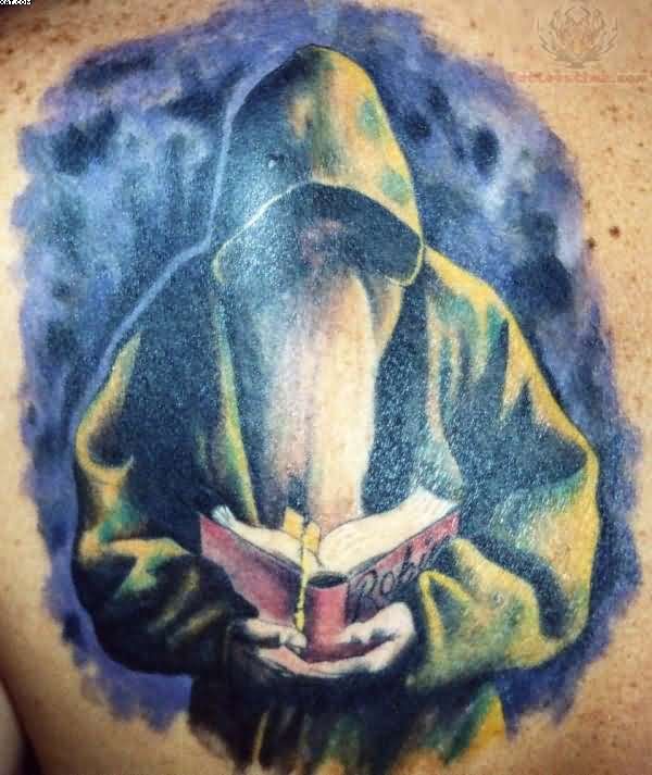 Colored Praying Wizard Tattoo On Left Back Shoulder