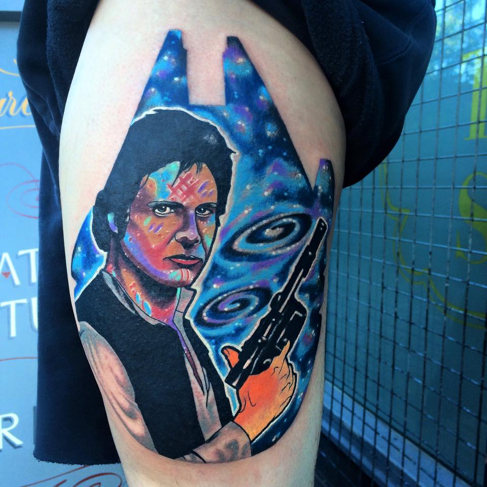Colored Star Wars Geek Tattoo On Thigh by Andrew Marsh
