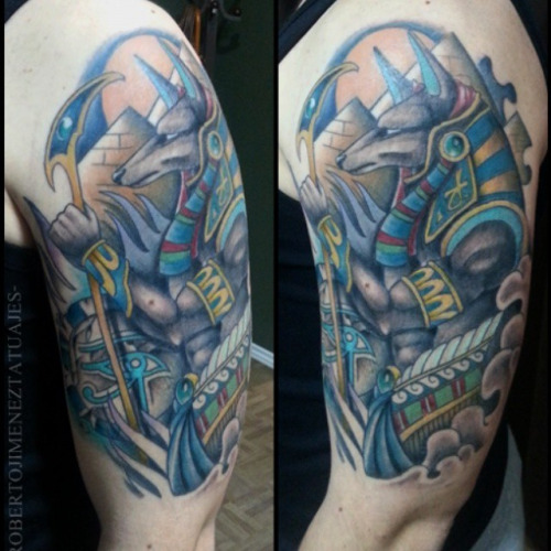 Colored Traditional Anubis Tattoo On Left Half Sleeve