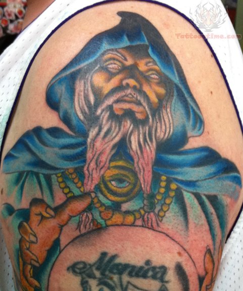 Colored Traditional Wizard Skull Tattoo On Shoulder