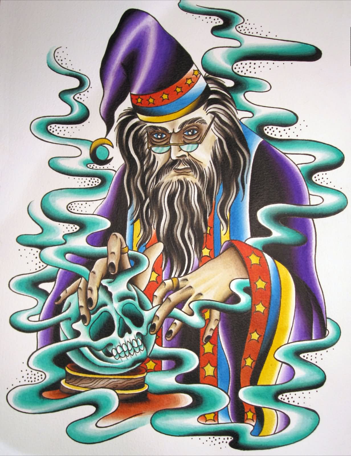 Colored Traditional Wizard Tattoo Design