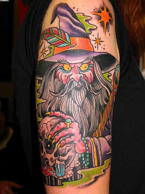 Colored Traditional Wizard Tattoo On Half Sleeve