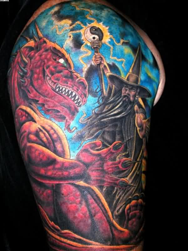 Colored Wizard Tattoo On Half Sleeve