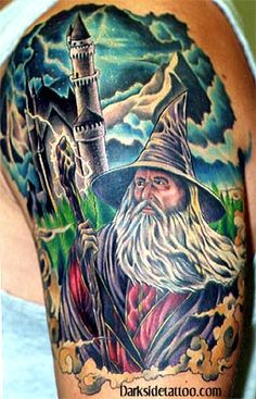 Colored Wizard Tattoo On Left Half Sleeve