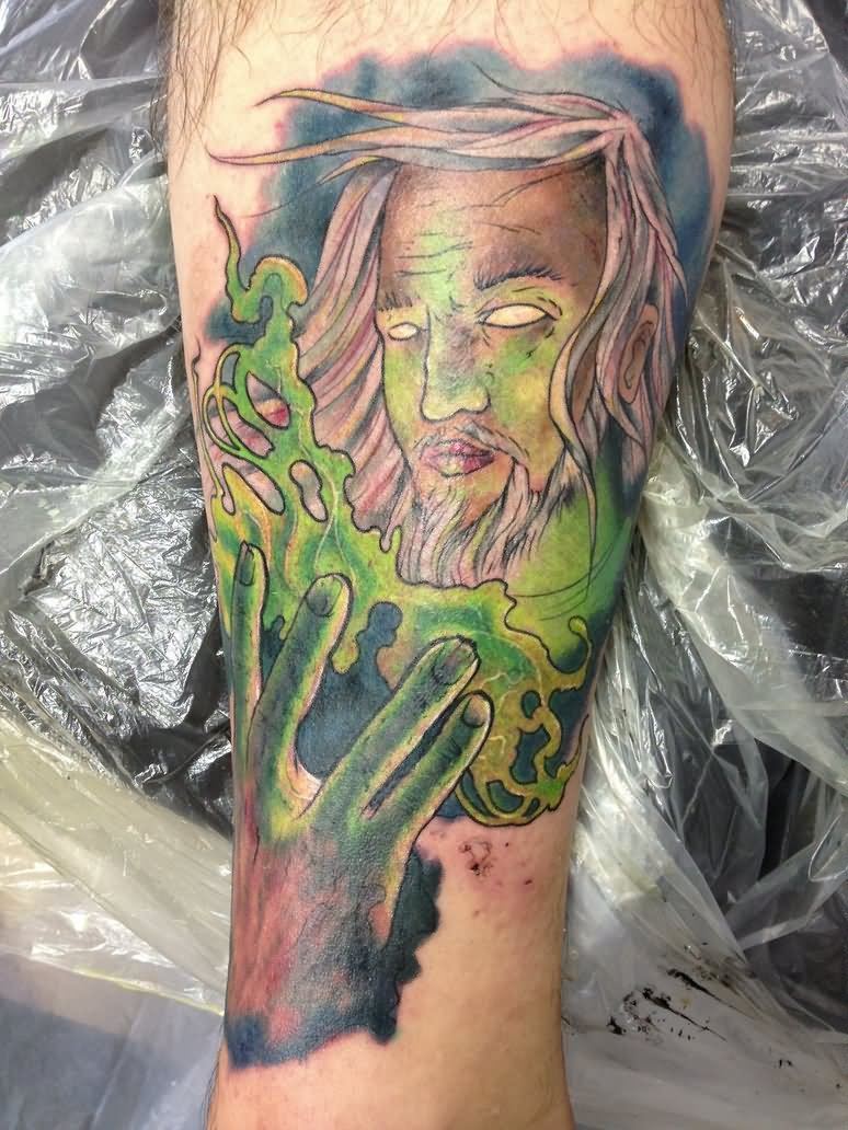 Colored Wizard Tattoo On Leg by Typhus3k