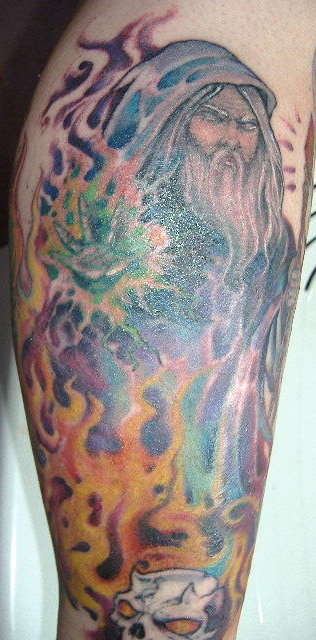 Colored Wizard Tattoo On Leg
