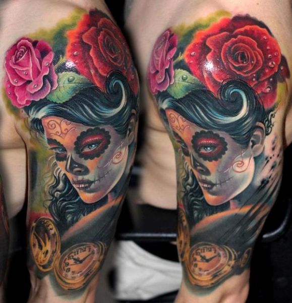 Colorful 3D Dia De Los Muertos Scenery Tattoo Design For Half Sleeve