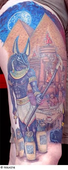 Colorful Anubis Tattoo On Left Half Sleeve