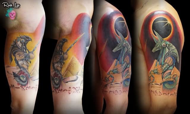 Colorful Anubis and Horus Tattoo On Bicep