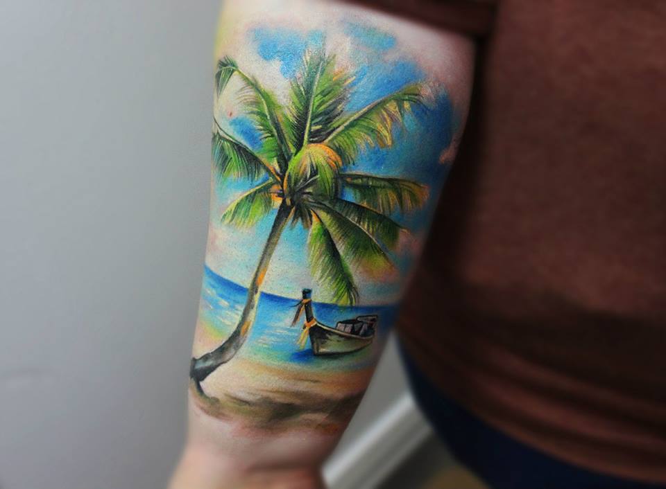 Colorful Beach Scenery Tattoo Design For Half Sleeve