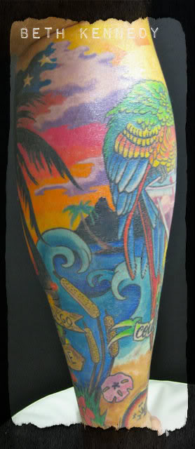 Colorful Beach Scenery Tattoo Design For Leg