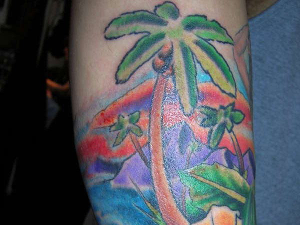 Colorful Beach Scenery Tattoo Design For Sleeve