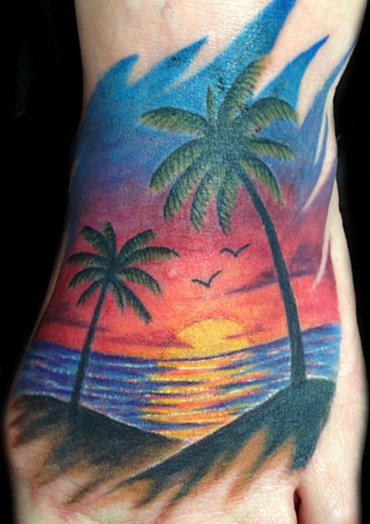 Colorful Beach Scenery Tattoo On Foot