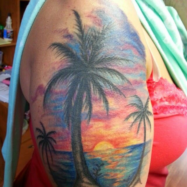 Colorful Beach Scenery Tattoo On Girl Half Sleeve
