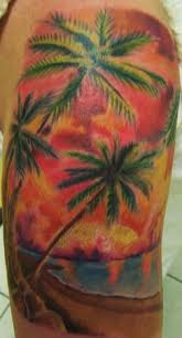 Colorful Beach Scenery Tattoo On Half Sleeve